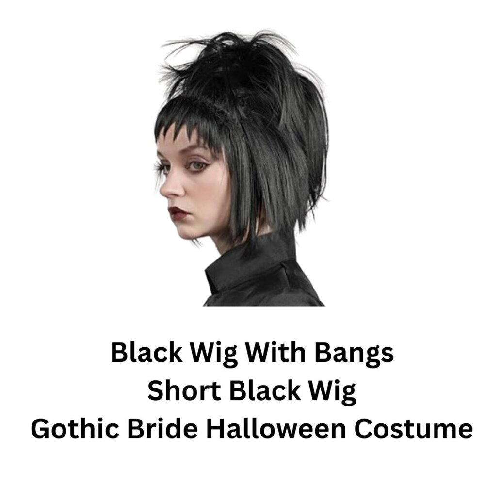 Black Wig With Bangs Short Black Hair Clip Halloween Costume Cosplay Brand New